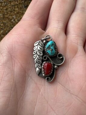 Native American Sterling SIlver Pendant with Turquoise and Coral